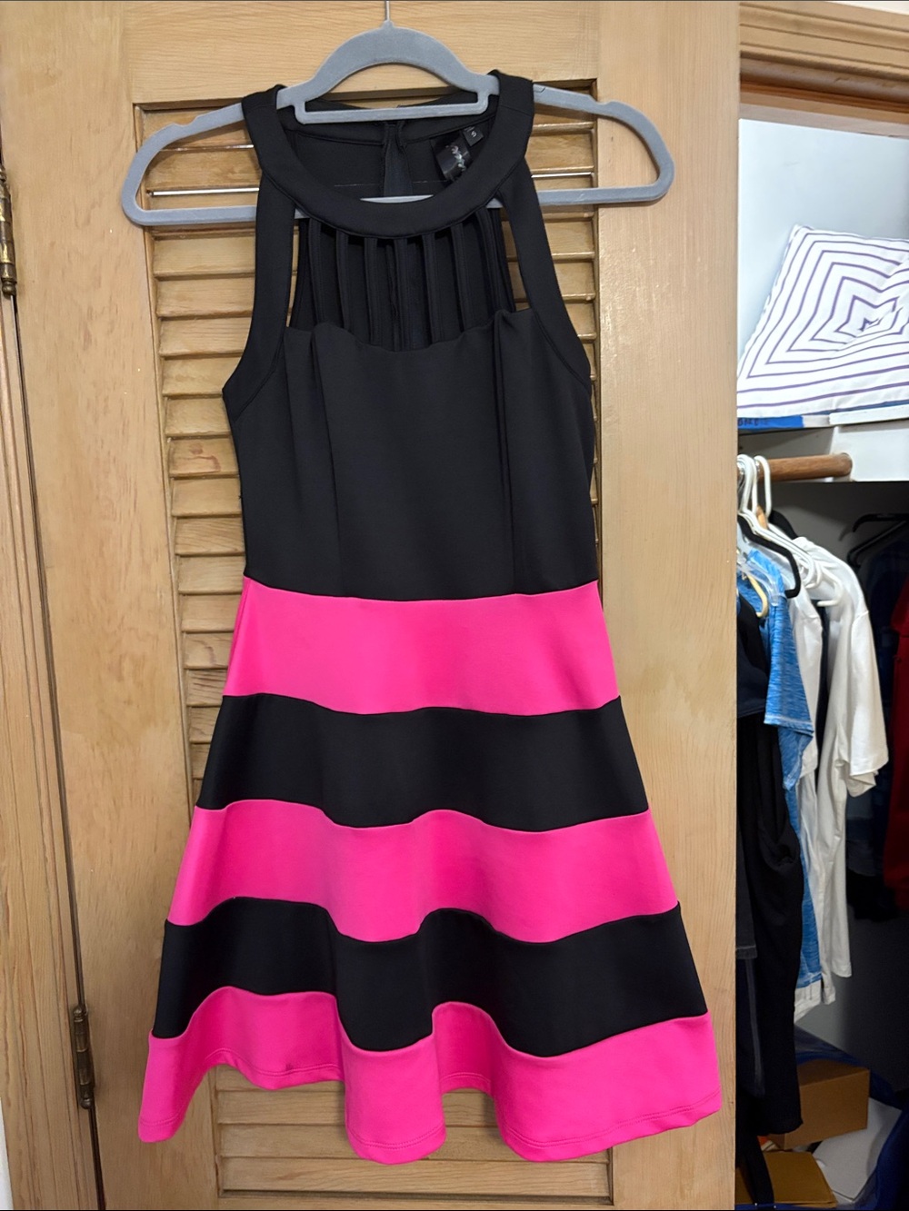 Trixxi Black and Hot Pink Striped Fit-and-Flare Mini Dress